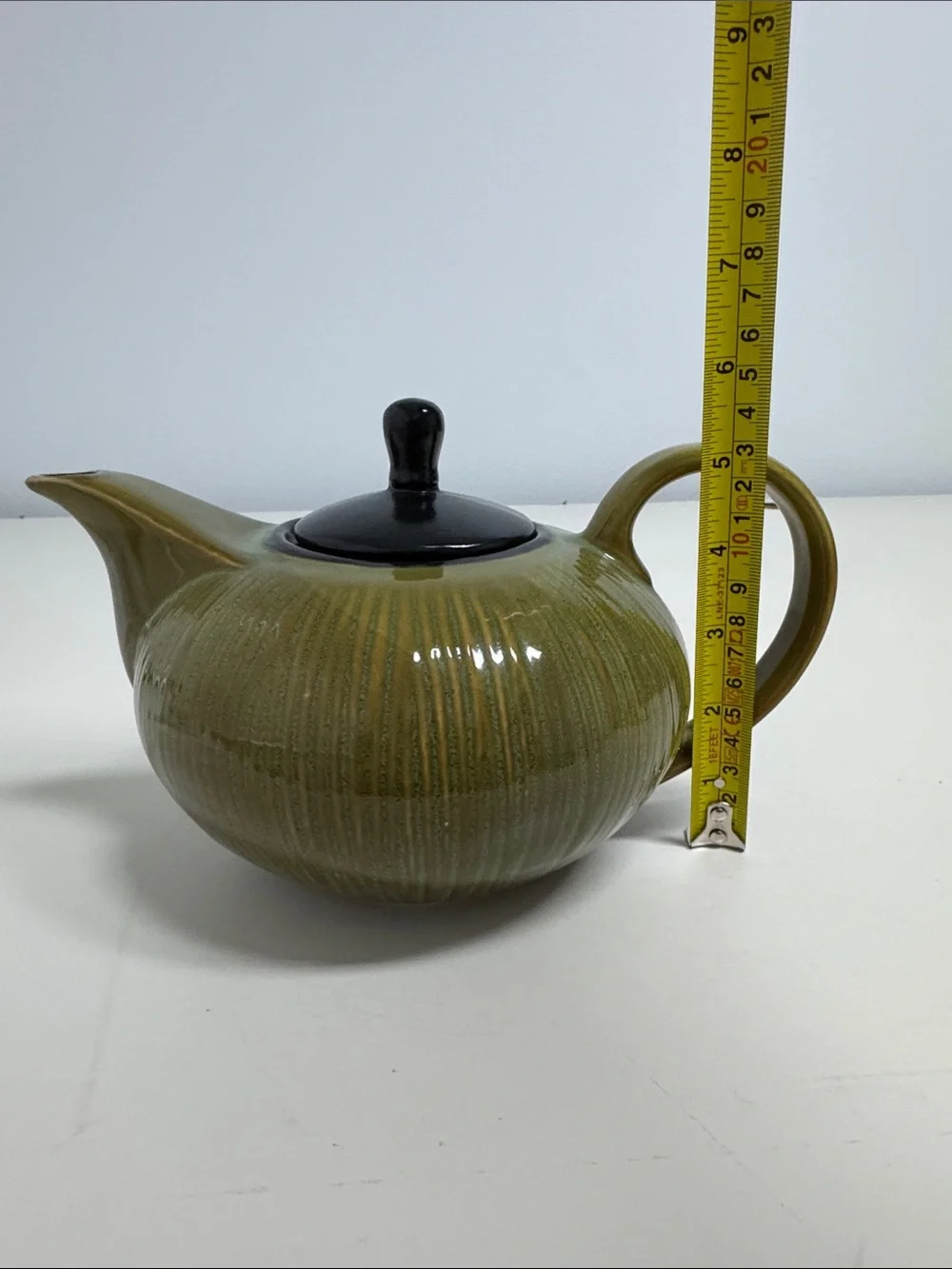 Gibson South Seas Collection Olive-Toned Ribbed Ceramic Teapot with Black Lid